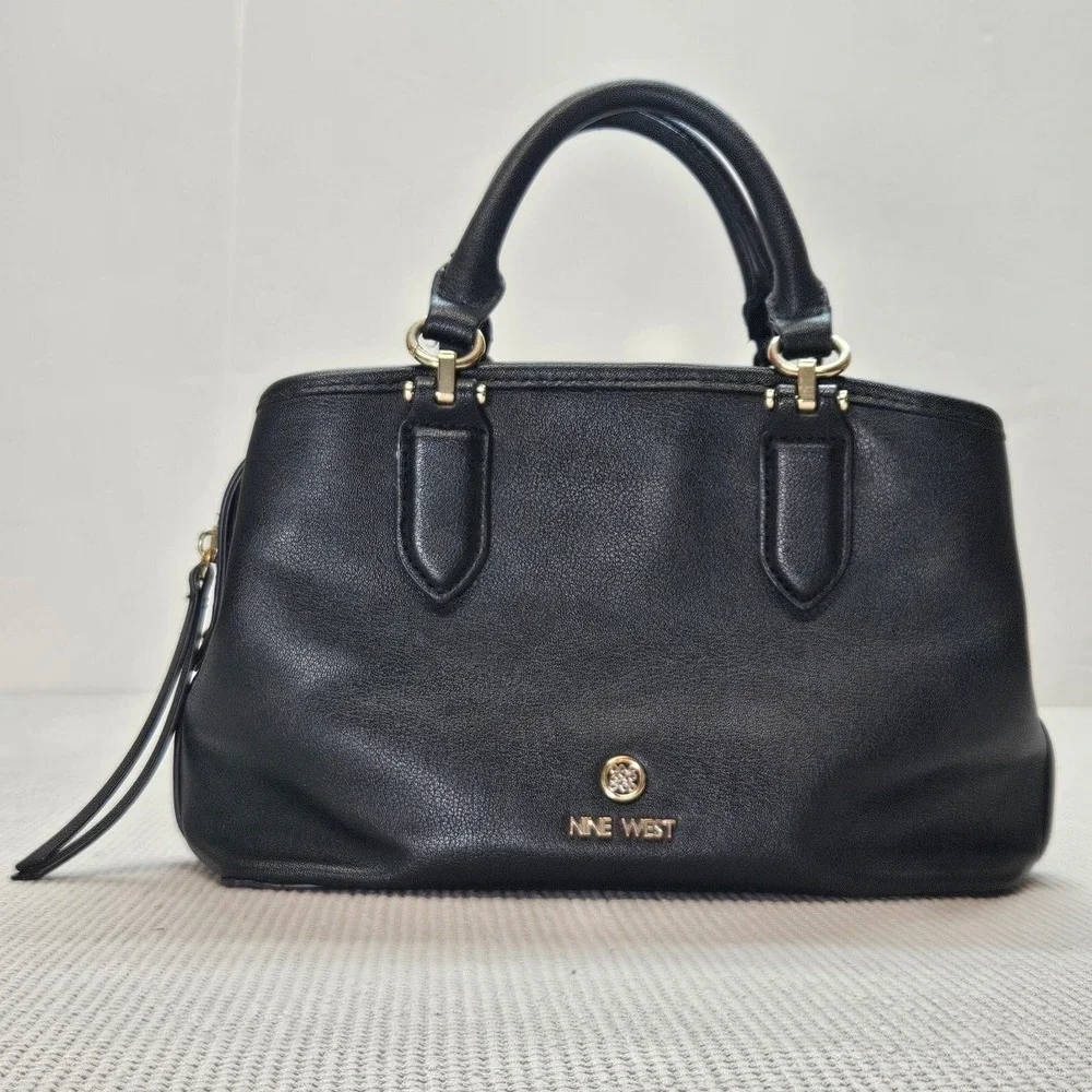 Nine West Black Pebbled Faux Leather Satchel Bag Gold Hardware Three Compartment